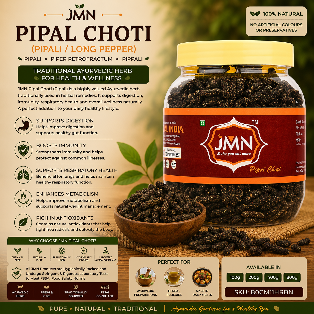 JMN Pipal Choti (Pippali) | Piper Retrofractum | Long Pepper | Traditional Ayurvedic Herb | Fresh & Pure(Pippali) | Piper Retrofractum | Long Pepper | Traditional Ayurvedic Herb | Fresh & Pure