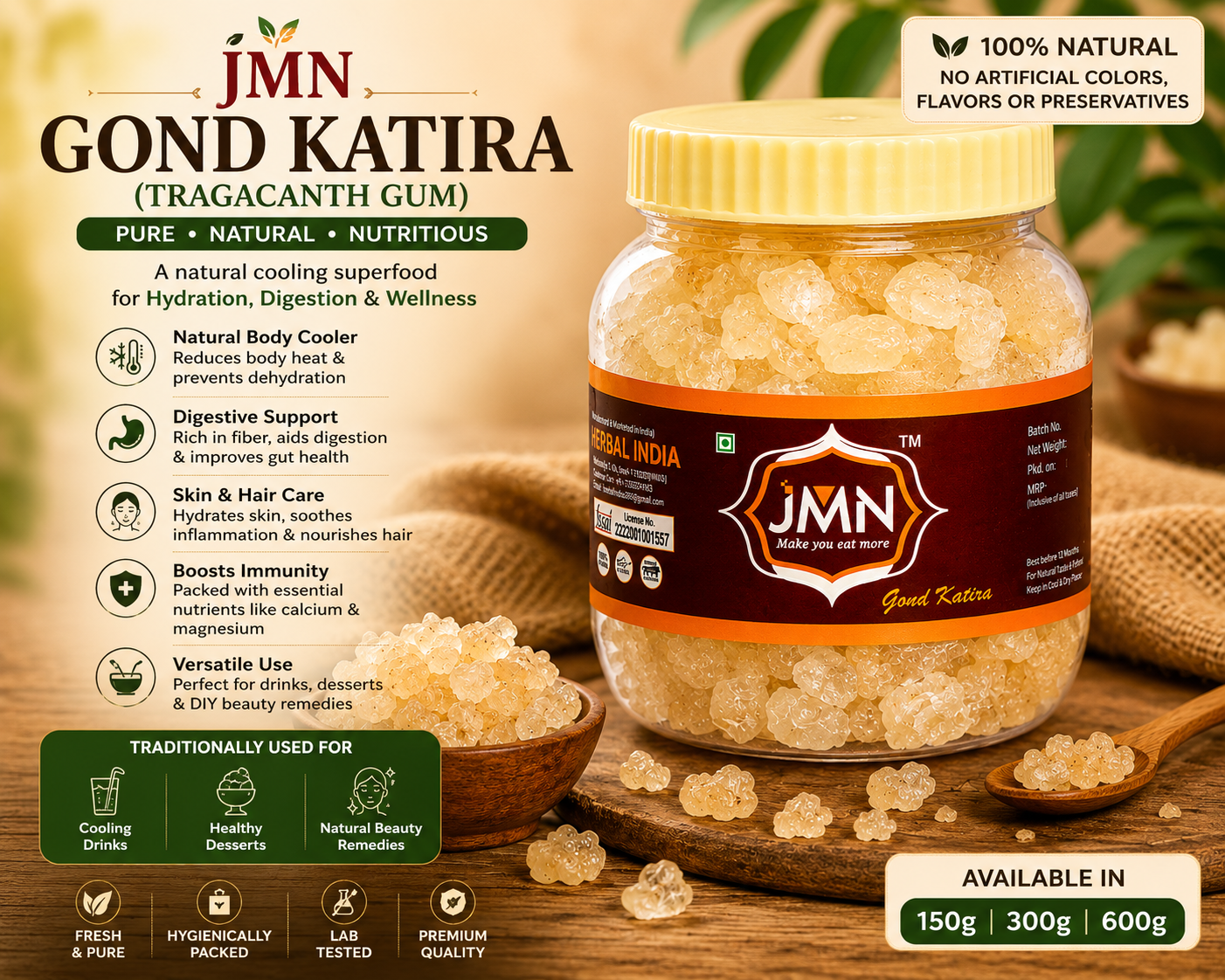 JMN Gond Katira (Tragacanth Gum) – Natural Cooling Edible Gum Crystal | Ayurvedic Summer Superfood