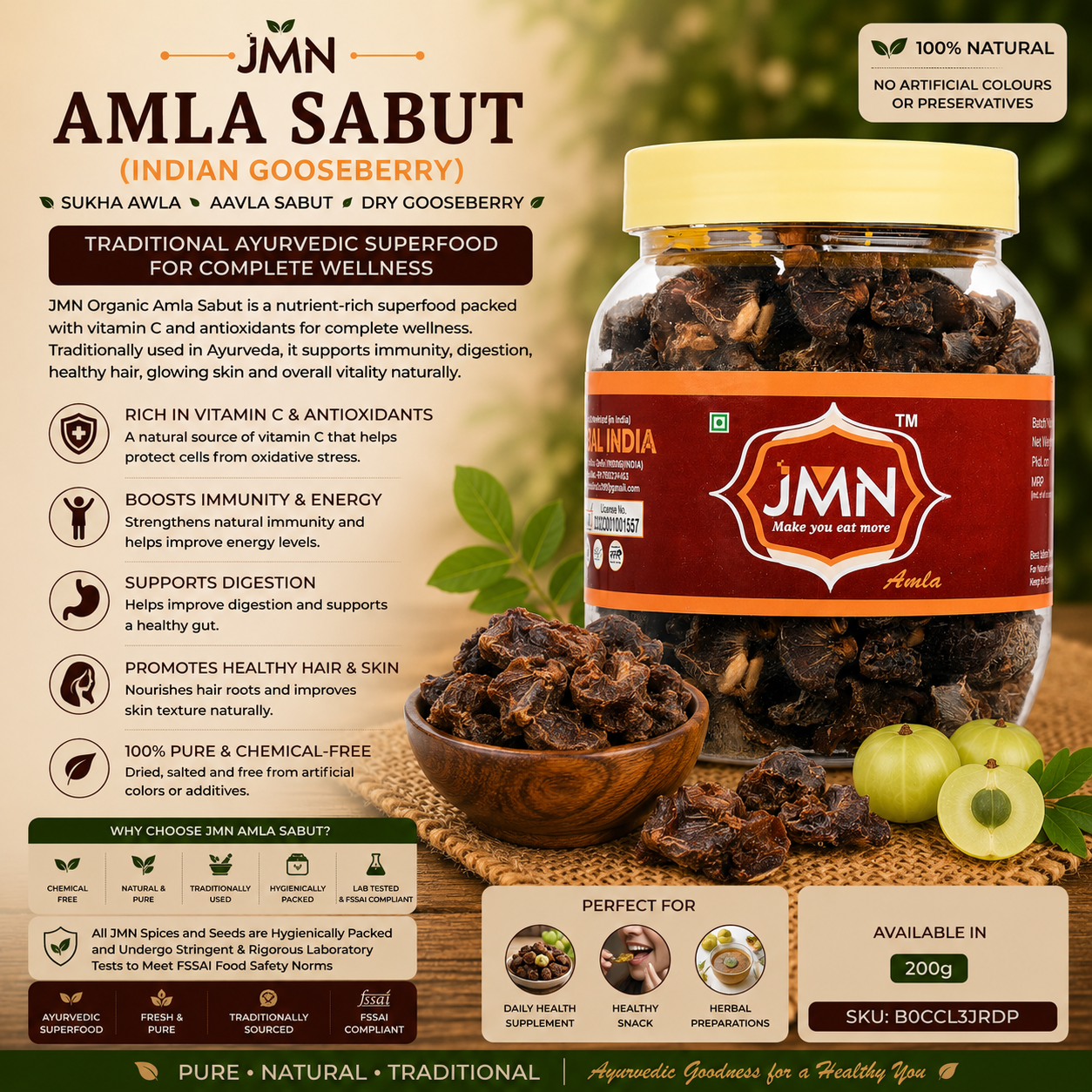 JMN Organic Amla Sabut (Indian Gooseberry) | Dried Salted Amla | Sukha Awla | Dry Gooseberry | Fresh & Pure