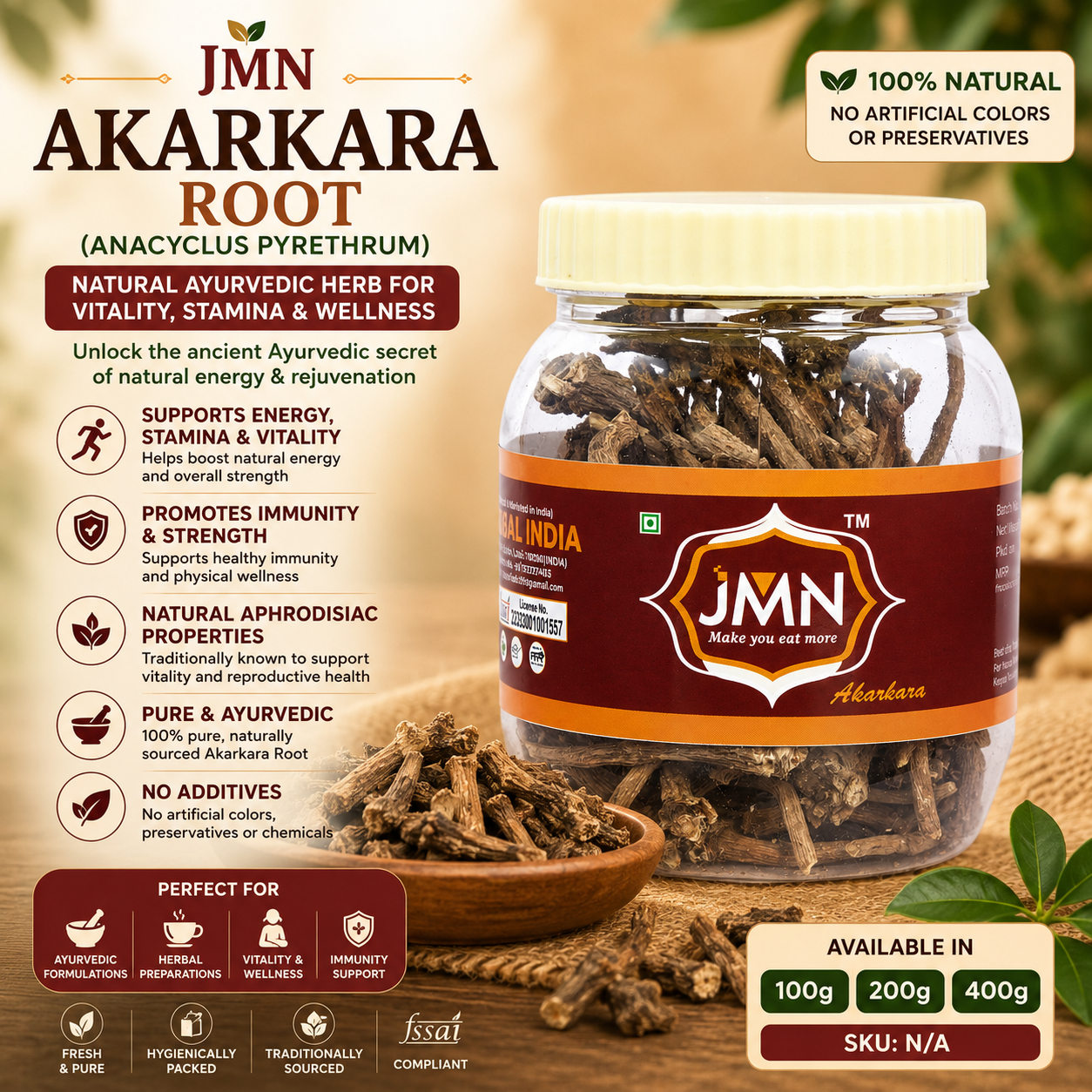 JMN Premium Akarkara Root (Anacyclus Pyrethrum) – Natural Ayurvedic Herb for Vitality, Stamina & Wellness | Fresh & Pure