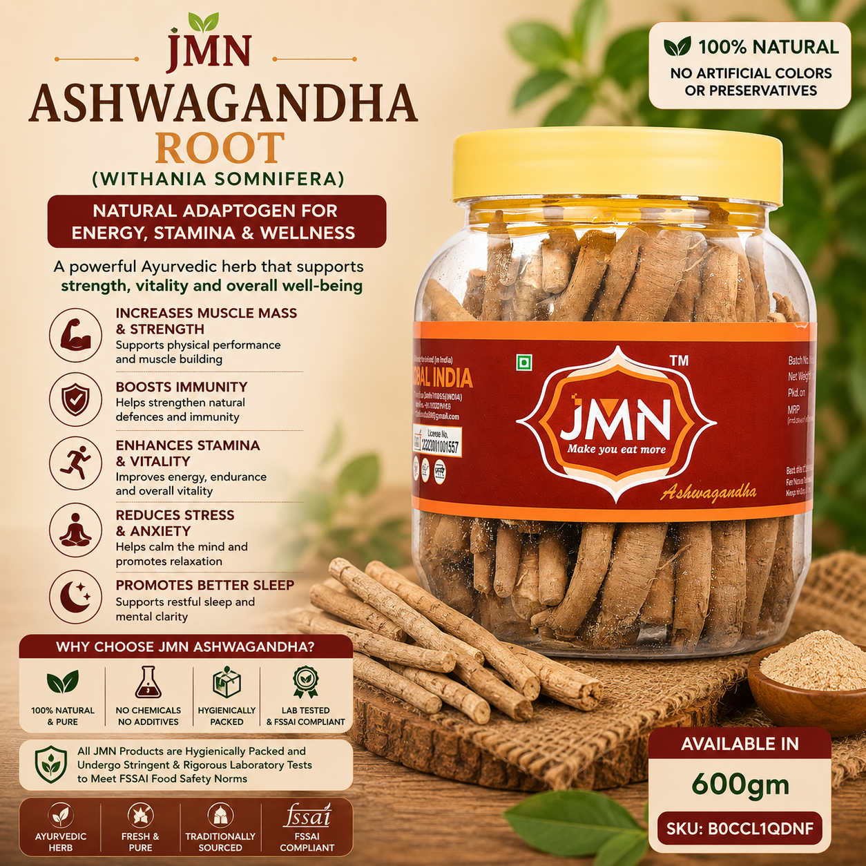 JMN Premium Ashwagandha Root (Withania Somnifera) – Natural Ayurvedic Herb for Stress Relief, Energy, Stamina & Immunity Support