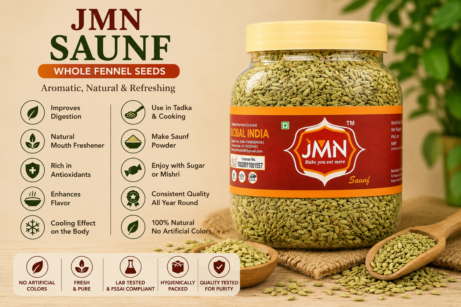 JMN Premium Saunf (Whole Fennel Seeds) – Natural Mouth Freshener & Digestive Spice | Fresh & Pure | Aromatic Indian Fennel Seeds