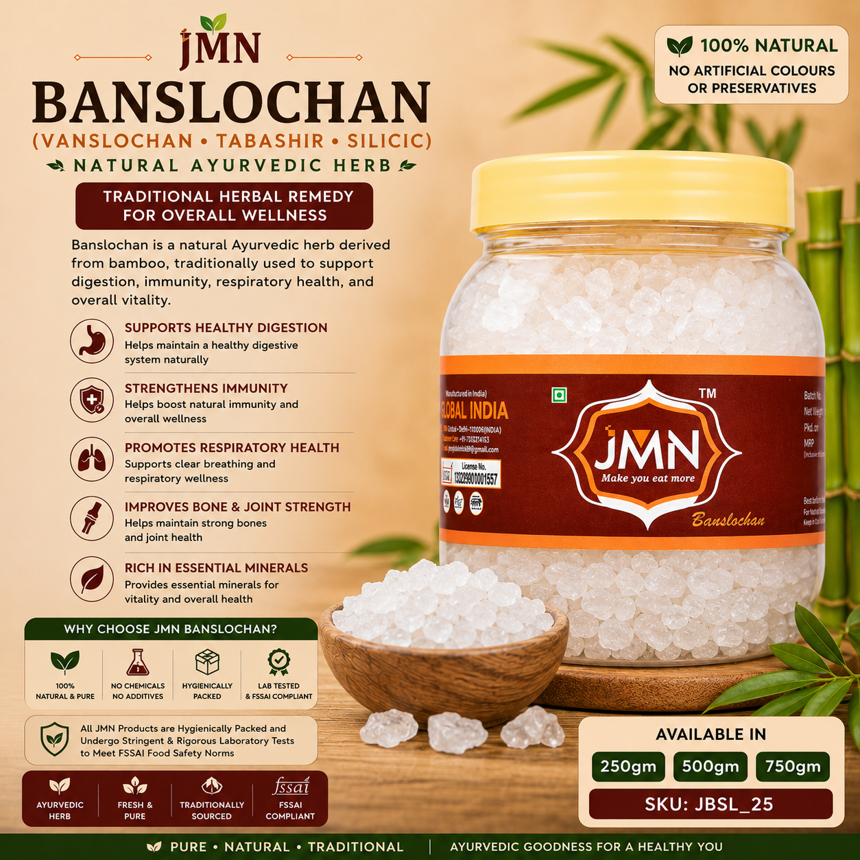 JMN Banslochan (Vanslochan / Tabashir / Silicic) Herbal Powder | Traditional Ayurvedic Herb | Fresh & Pure Quality