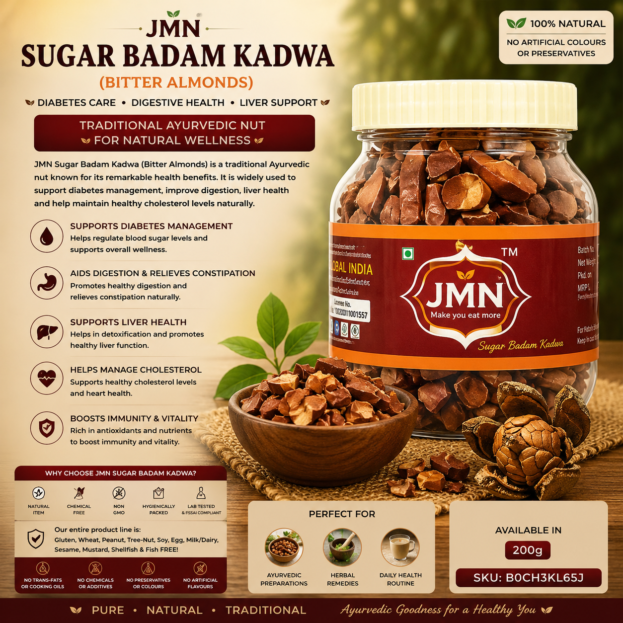 JMN Sugar Badam Kadwa | Bitter Almonds | Traditional Ayurvedic Nut | Fresh & Pure | Natural Wellness Support