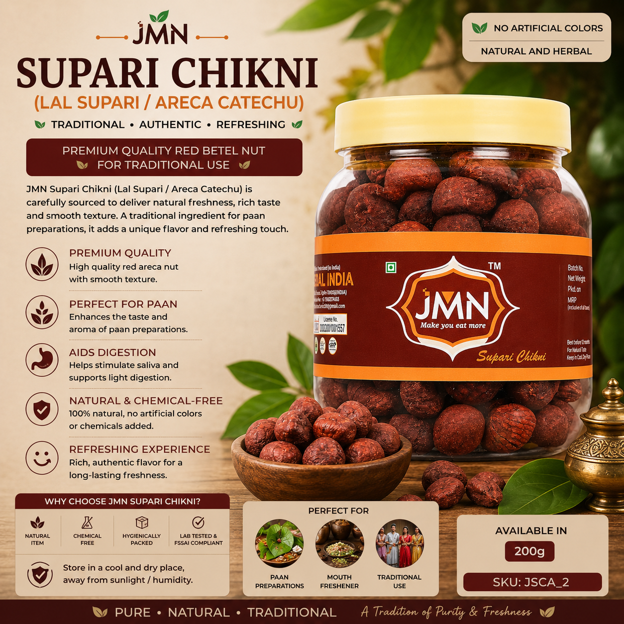 JMN Supari Chikni (Lal Supari) | Areca Catechu | Premium Red Betel Nut | Fresh & Pure | Traditional Indian Mouth Freshener