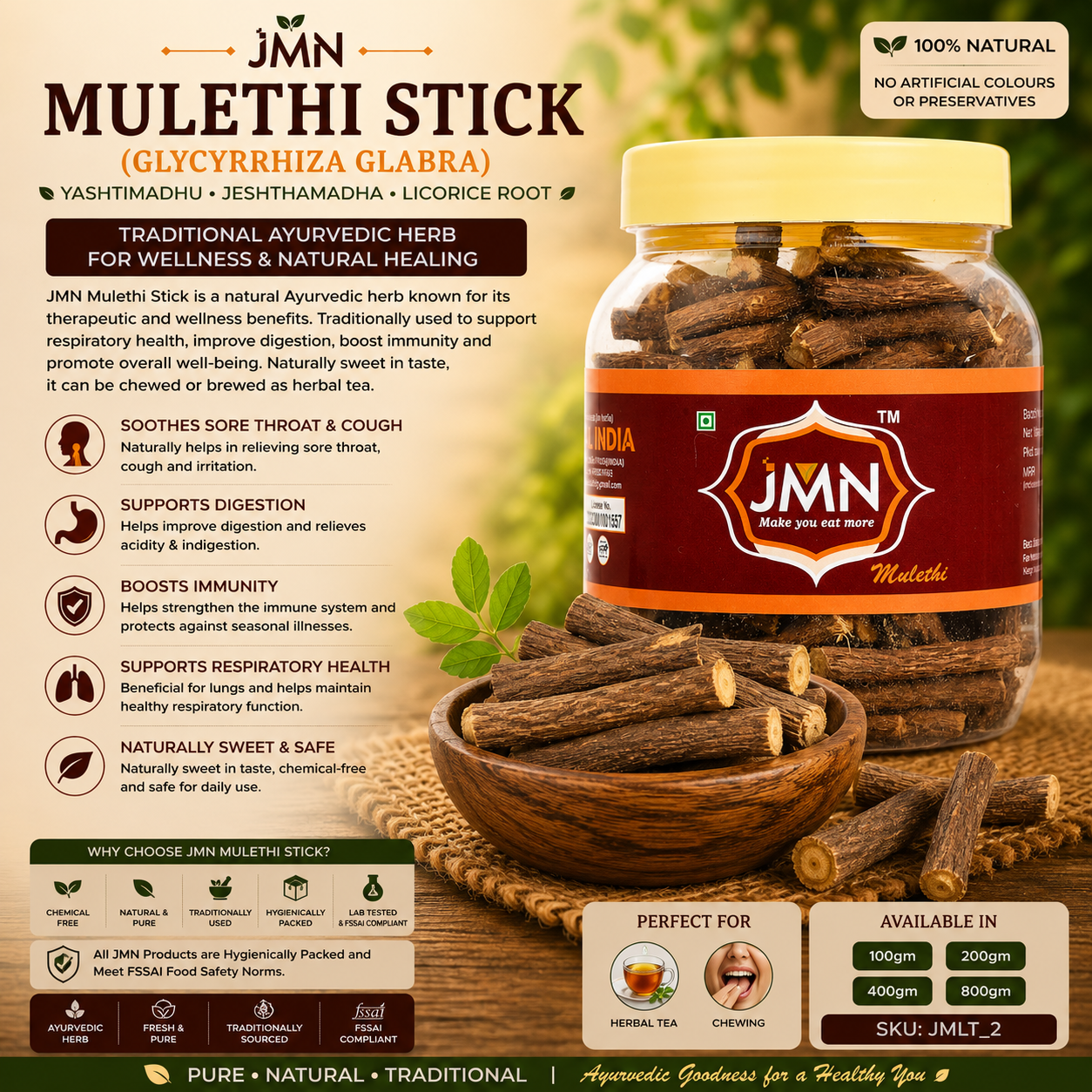 JMN Mulethi Stick (Licorice Root) | Glycyrrhiza Glabra | Yashtimadhu | Jeshthamadha | Fresh & Pure Ayurvedic Herb