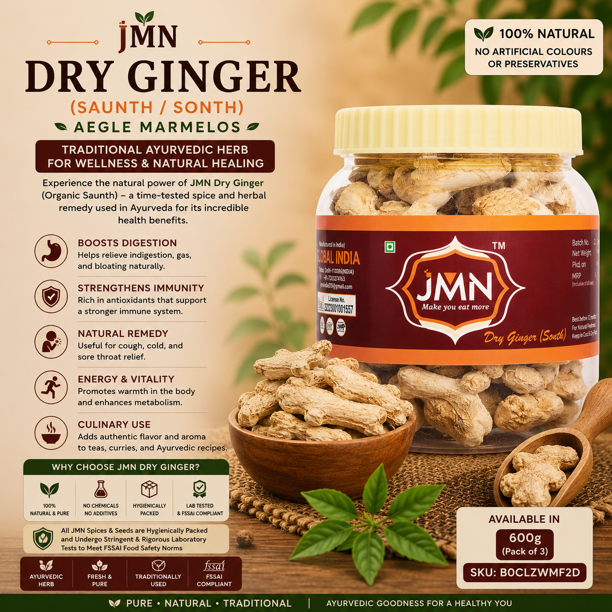 JMN Dry Ginger Whole (Saunth/Sonth) 600g (Pack of 3) | Organic Dry Ginger Sticks | Sukku | Chukku | Sounth | Sunthi | Adrak | 100% Natural Ayurvedic Spice