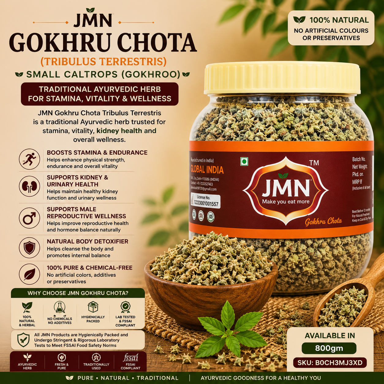 JMN Gokhru Chota (Tribulus Terrestris) 800g | Small Caltrops | Gokhroo | 100% Natural Ayurvedic Herb for Stamina, Vitality & Kidney Wellness