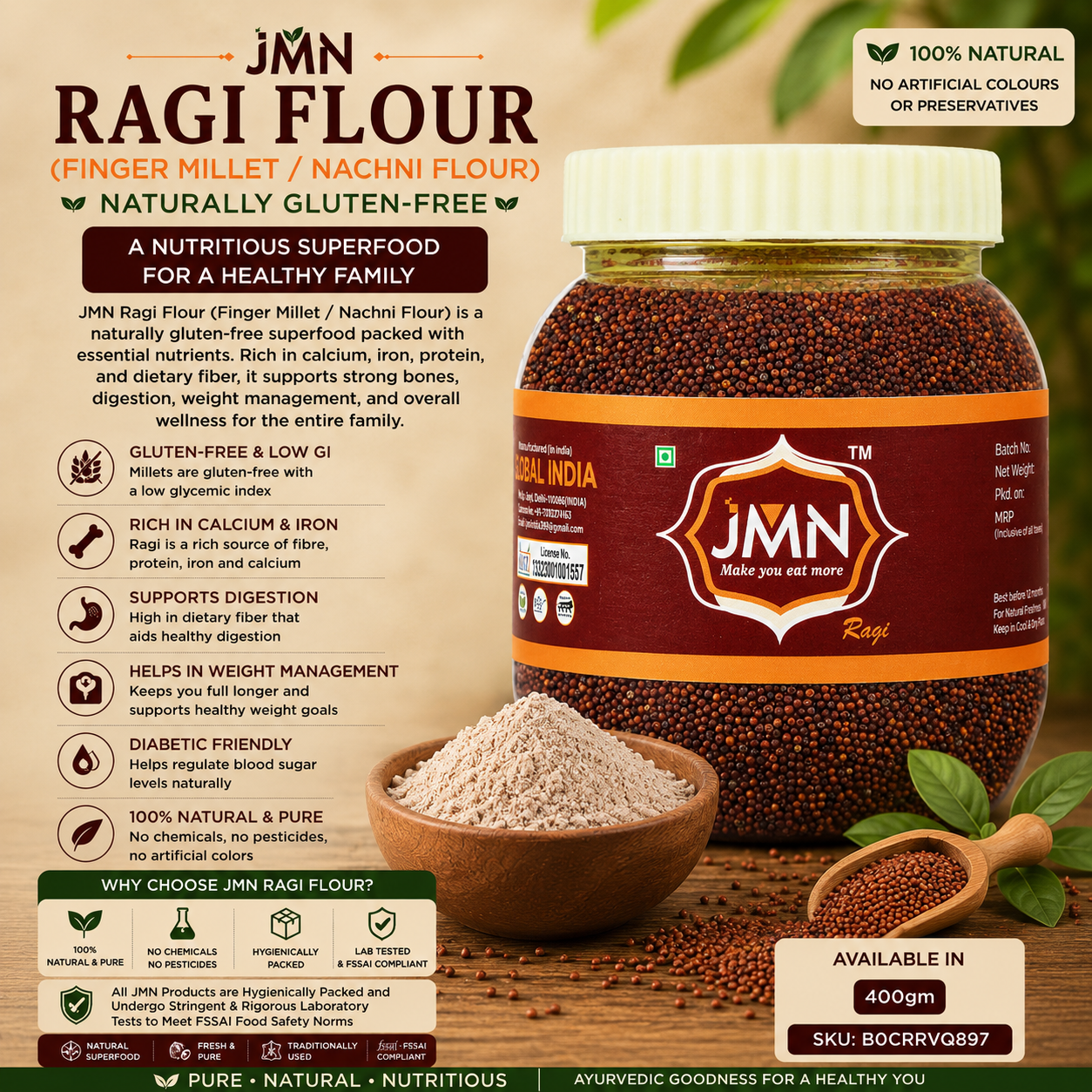 JMN Ragi Flour (Finger Millet Flour) 400g | Nachni Flour | Naturally Gluten-Free | Chemical & Pesticide Free | Rich in Calcium, Iron & Fiber